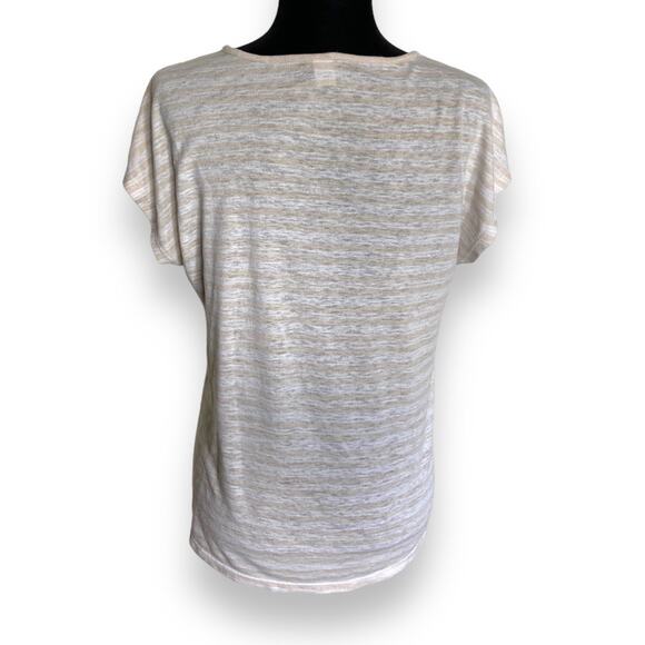 Old Navy Womens Top Size S Beige White Stripe Split Neck Knit Short Sleeve - Picture 6 of 9